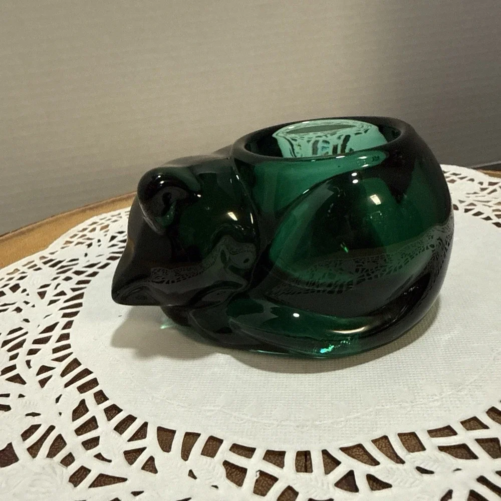 Indiana Glass Sleeping Kitten Emerald Green Glass Votive Tealight Holder Cat